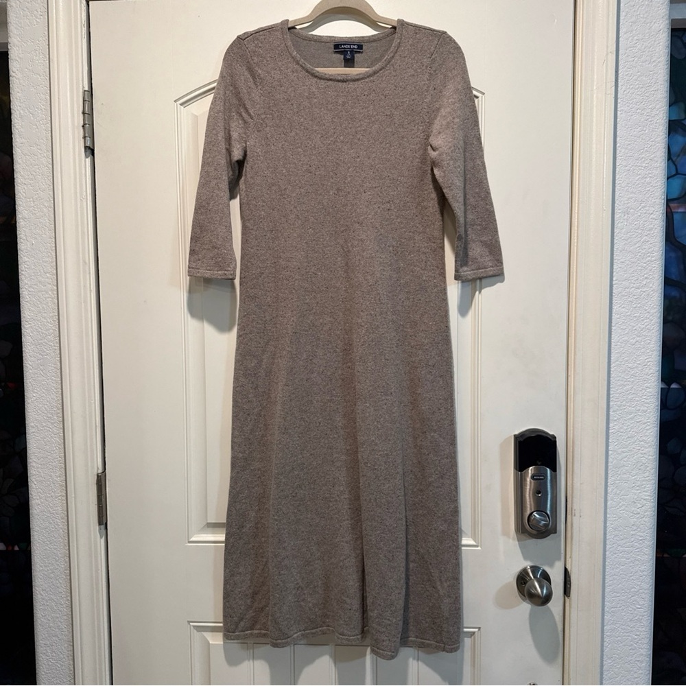 Lands' End Taupe Long Sleeve Knit Midi Dress Wool Silk